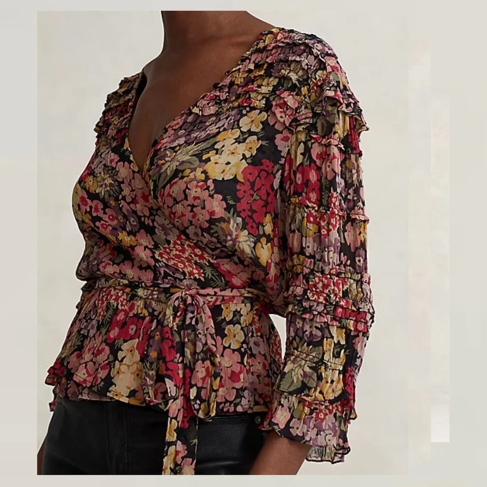 Polo Ralph Lauren Floral Wrap Peplum Blouse Smocked Ruffle Small Petite $298‎